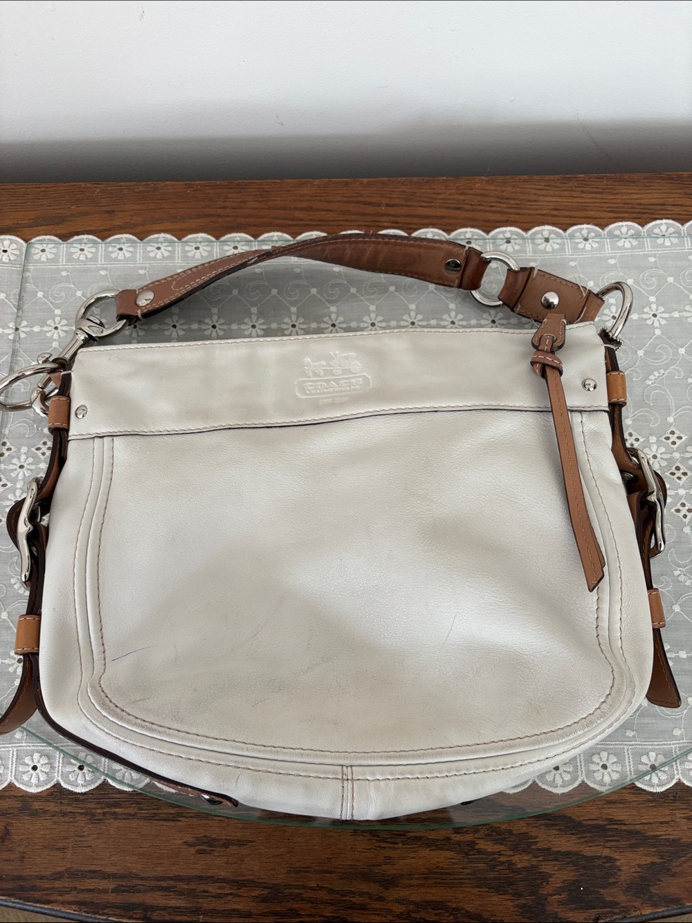 Coach Cream Leather Shoulder Bag with Tan Trim